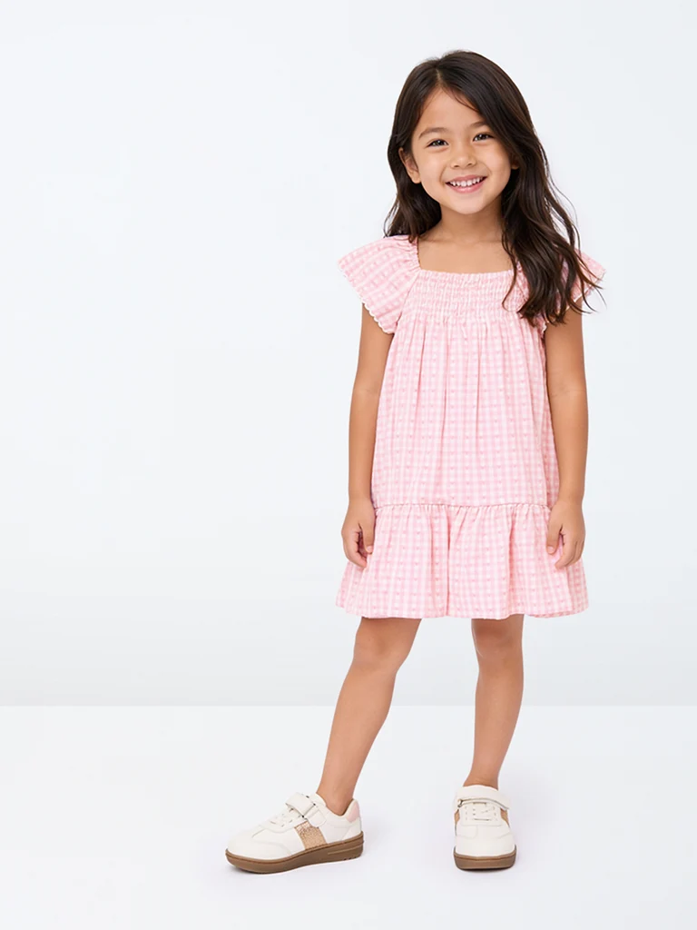 Kids Girls Pink Gingham Checkered Cotton-Blend A-Line Dress